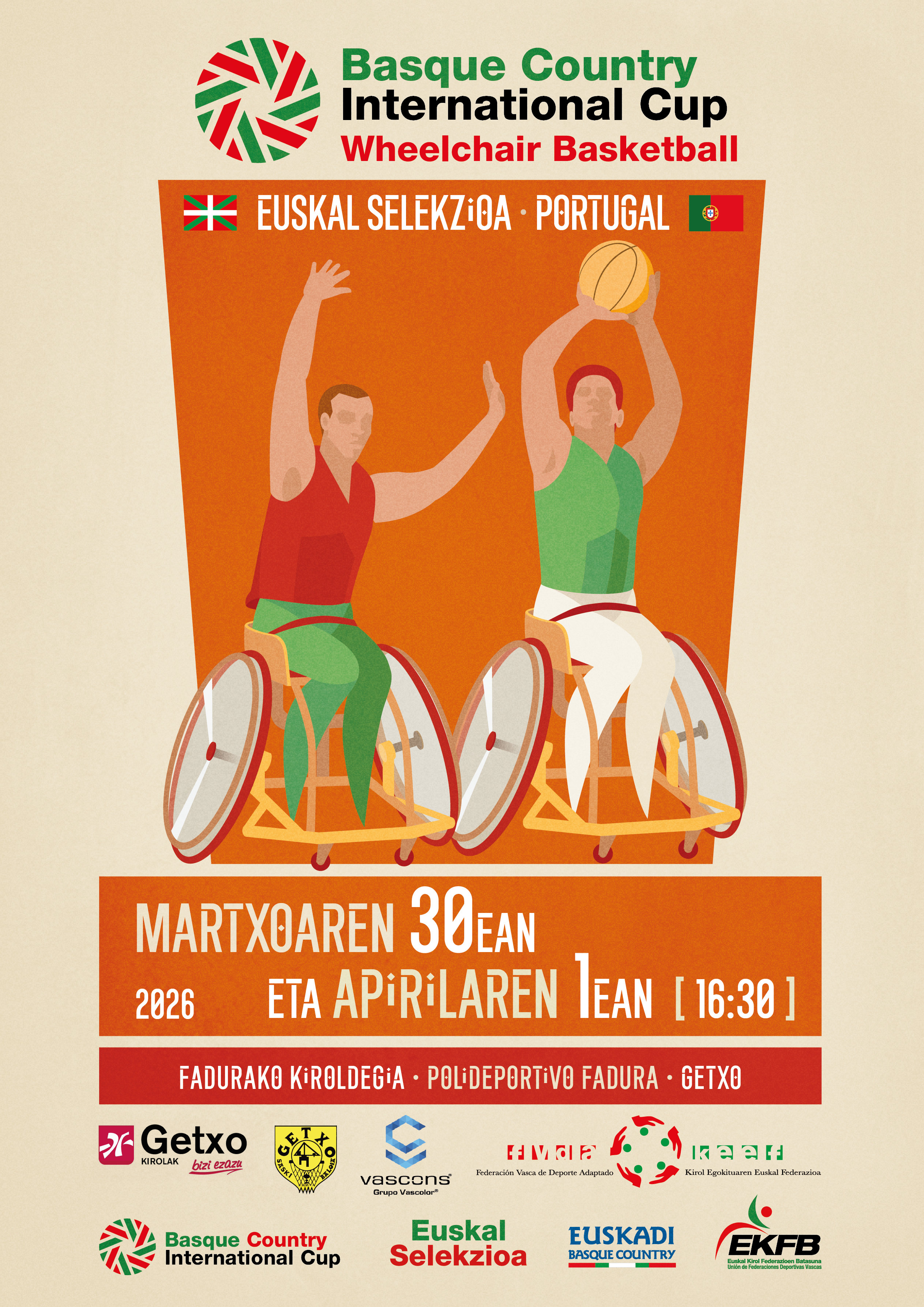 Getxon izango da Basque Country International Cupen hitzordua, aulki gurpildunen Euskadi-Portugal saskibaloi txapelketarekin, martxoaren 30ean eta apirilaren 1ean
